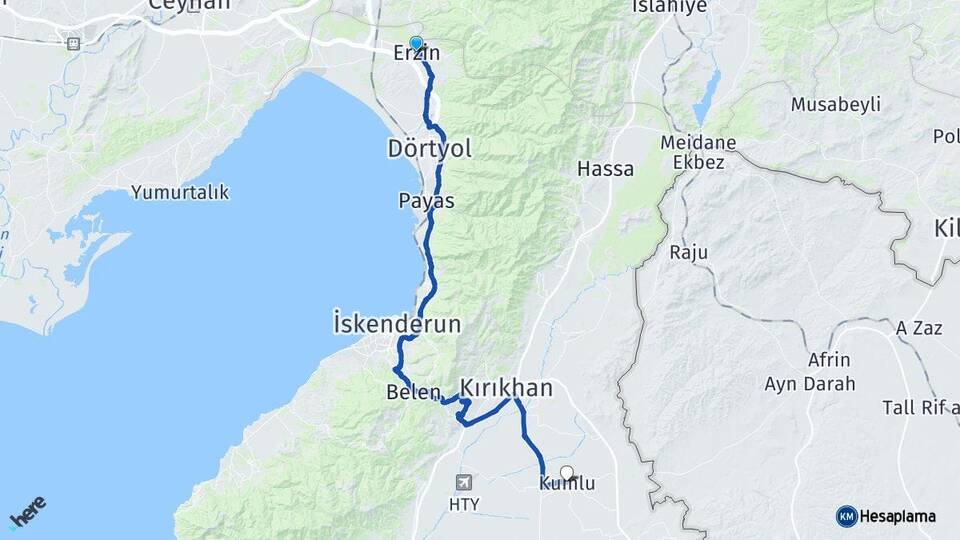Hatay Erzin Kumlu Arası Kaç Km - Yol Haritası