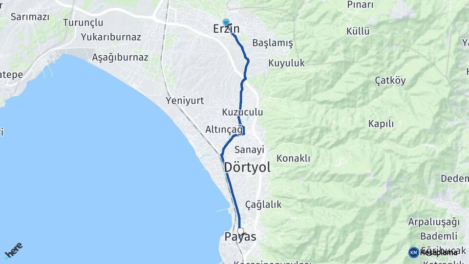 Hatay Erzin Payas Arası Kaç Km - Yol Haritası