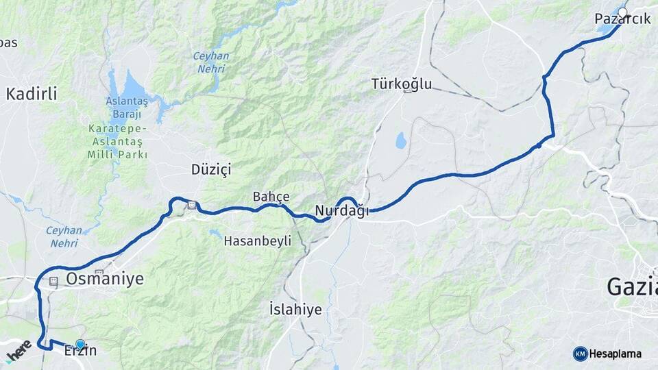 Hatay Erzin Pazarcık Kahramanmaraş Arası Kaç Km - Yol Haritası