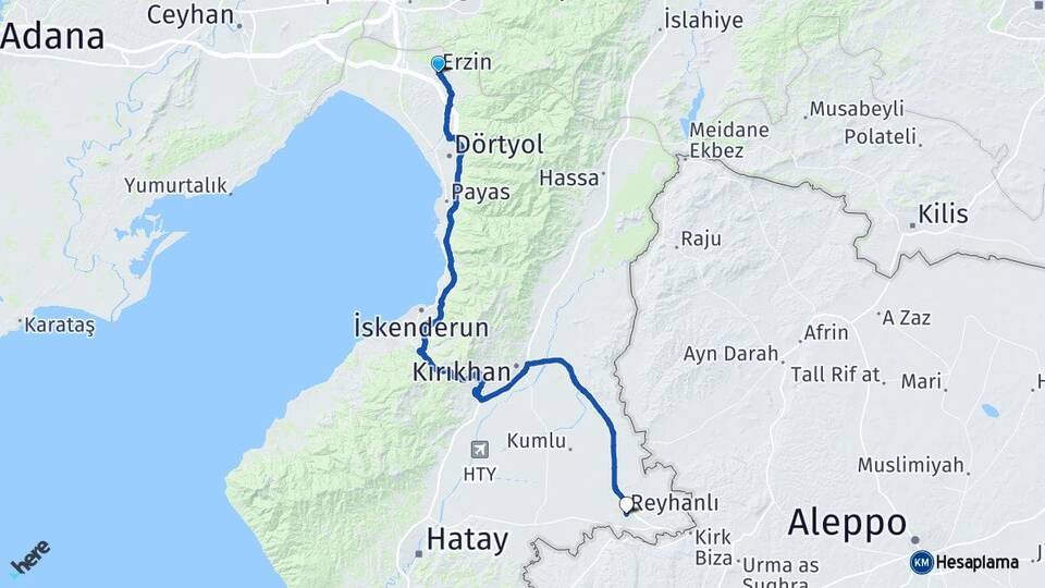 Hatay Erzin Reyhanlı Arası Kaç Km - Yol Haritası