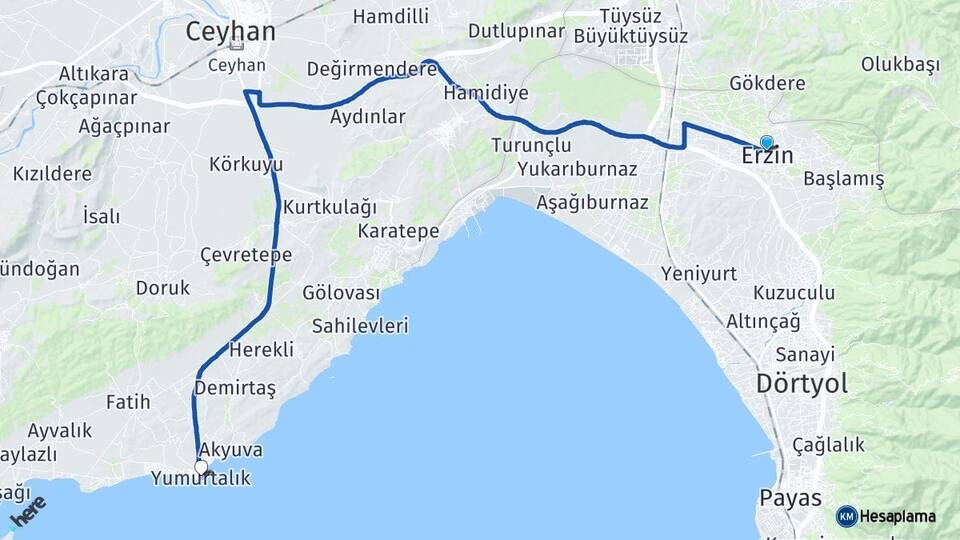 Hatay Erzin Yumurtalık Adana Arası Kaç Km - Yol Haritası