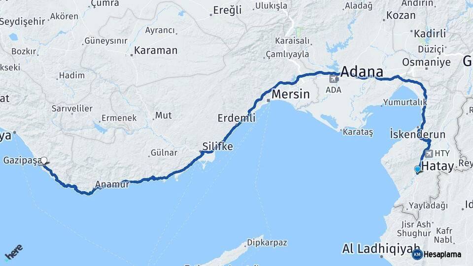 Hatay Gazipaşa Antalya Arası Kaç Km - Yol Haritası