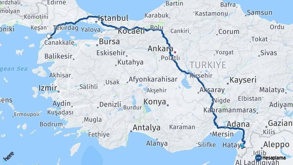 Hatay Gelibolu Çanakkale Arası Kaç Km - Yol Haritası