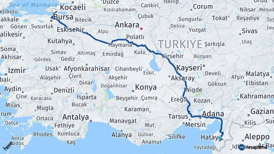 Hatay Gemlik Bursa Arası Kaç Km - Yol Haritası