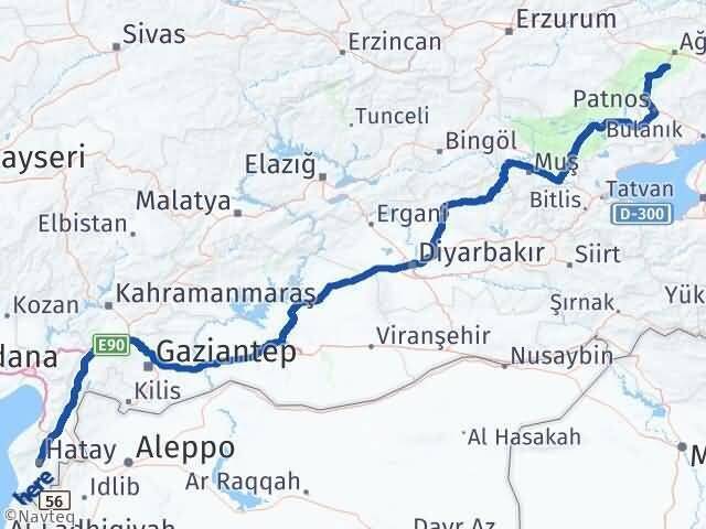 Hatay Hamur Ağrı Arası Kaç Km - Yol Haritası