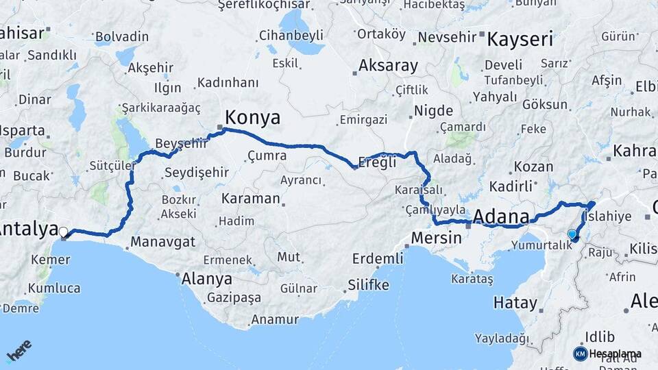 Hatay Hassa Akbez Antalya Arası Kaç Km - Yol Haritası