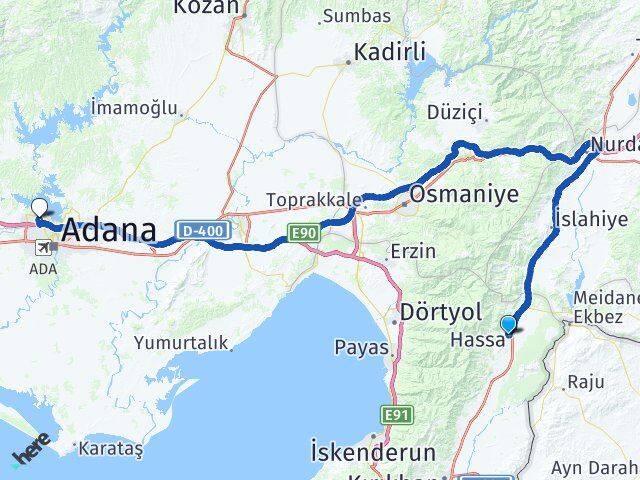 Hatay Hassa Çukurova Adana Arası Kaç Km - Yol Haritası