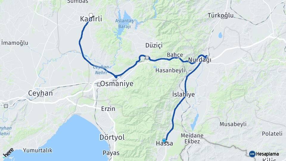 Hatay Hassa Kadirli Osmaniye Arası Kaç Km - Yol Haritası
