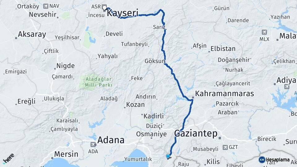 Hatay Hassa Kayseri Arası Kaç Km - Yol Haritası