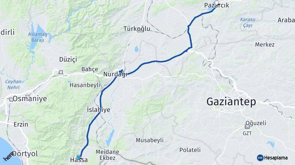 Hatay Hassa Pazarcık Kahramanmaraş Arası Kaç Km - Yol Haritası