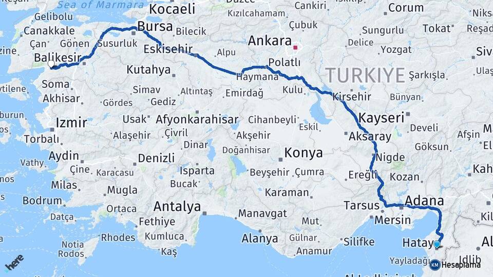 Hatay Havran Balıkesir Arası Kaç Km - Yol Haritası