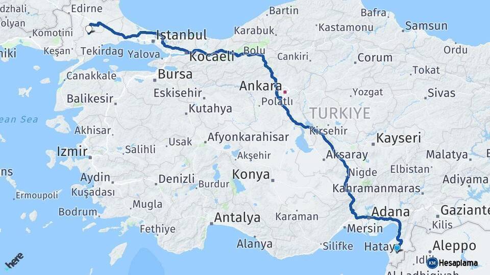Hatay Hayrabolu Tekirdağ Arası Kaç Km - Yol Haritası