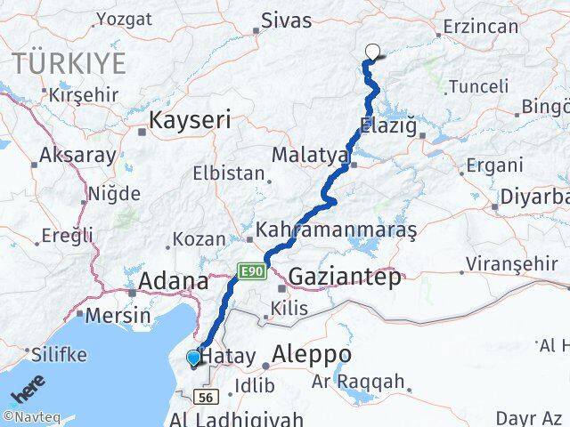 Hatay İliç Erzincan Arası Kaç Km - Yol Haritası