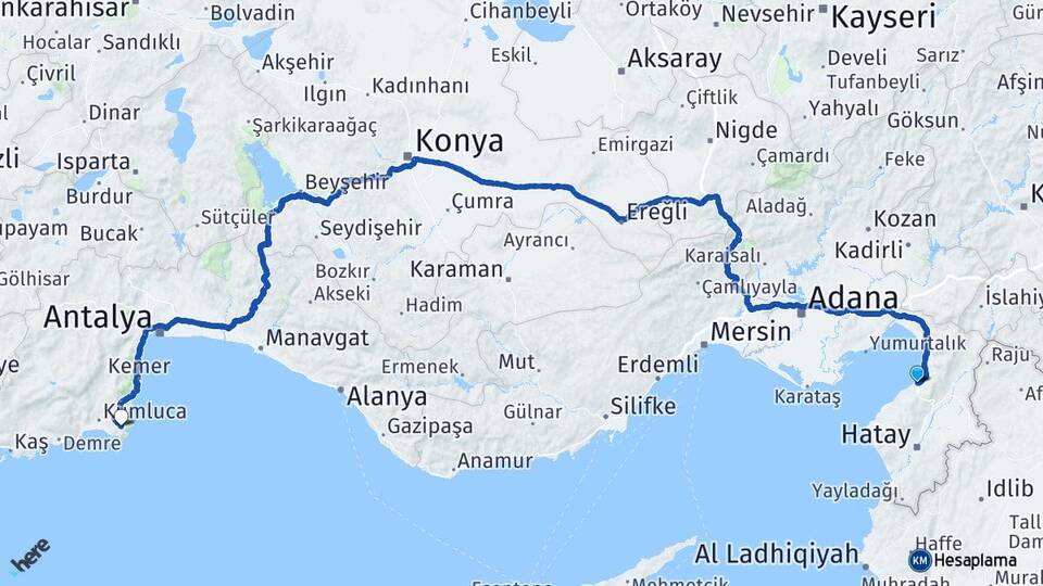 Hatay İskenderun Adrasan Kumluca Antalya Arası Kaç Km - Yol Haritası