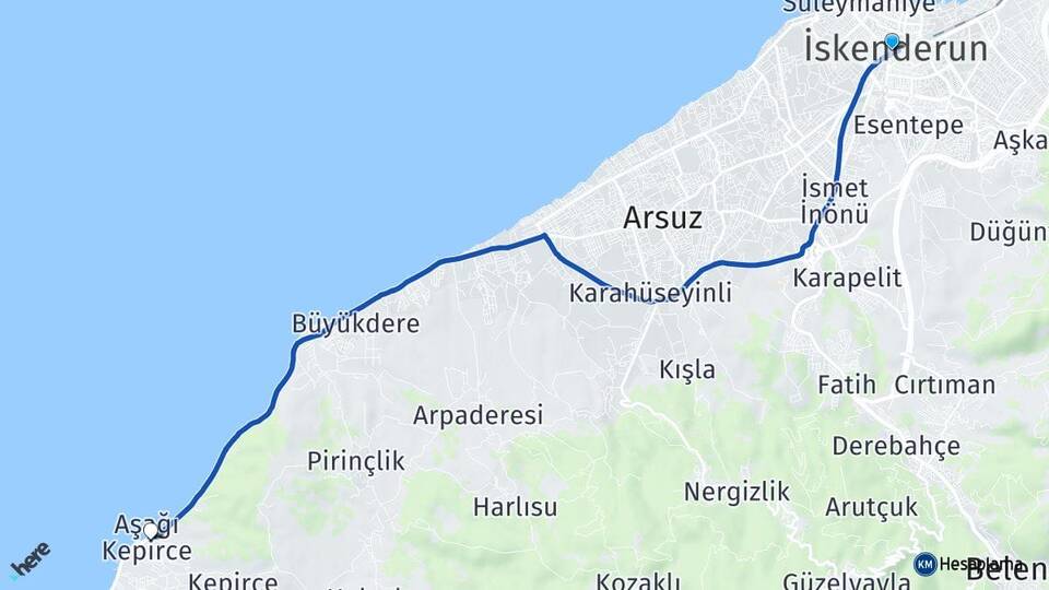 Hatay İskenderun Aşağı Kepirce Arsuz Arası Kaç Km - Yol Haritası
