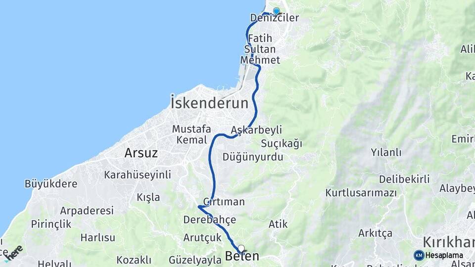 Hatay İskenderun Denizciler Belen Arası Kaç Km - Yol Haritası