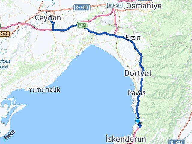 Hatay İskenderun Denizciler Ceyhan Adana Arası Kaç Km - Yol Haritası