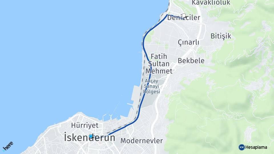 Hatay İskenderun Denizciler İskenderun Arası Kaç Km - Yol Haritası