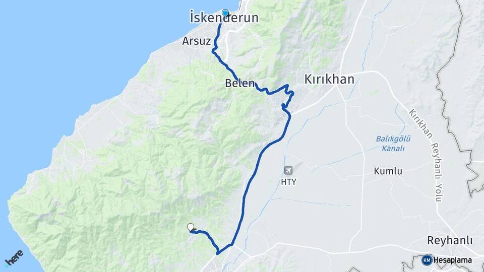 Hatay İskenderun Karlısu Antakya Arası Kaç Km - Yol Haritası