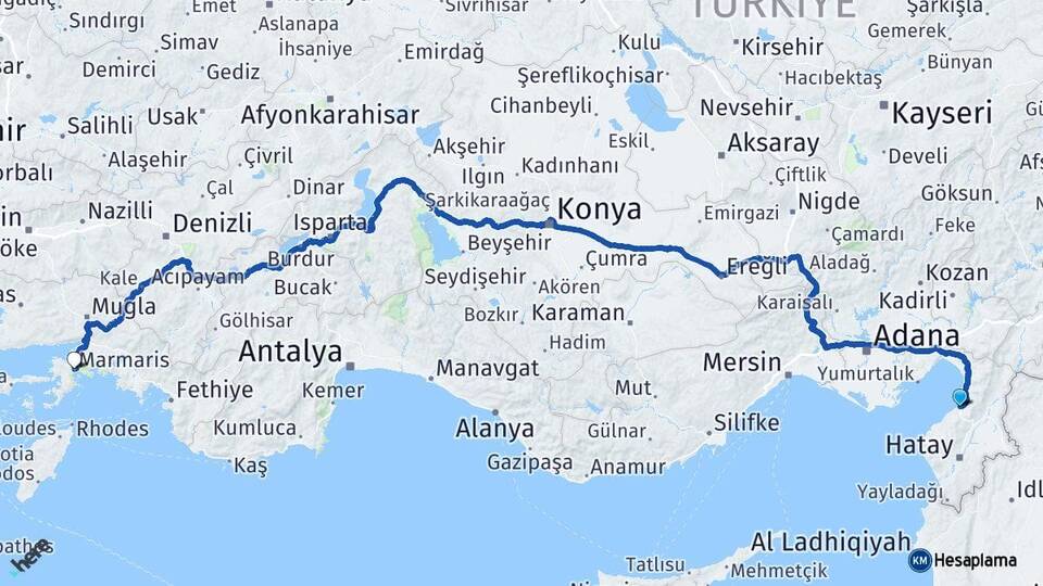 Hatay İskenderun Marmaris Muğla Arası Kaç Km - Yol Haritası