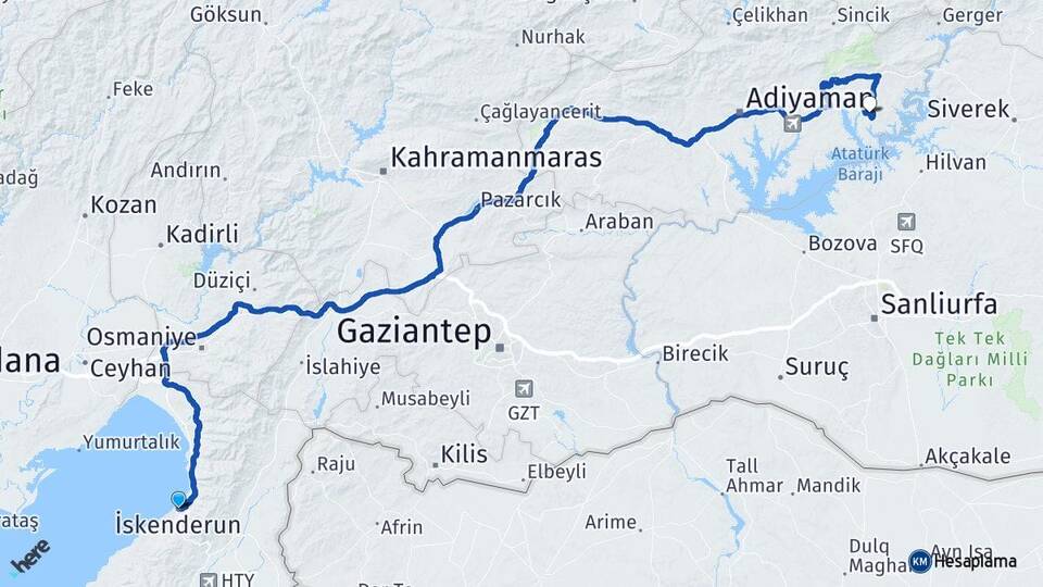 Hatay İskenderun Menzil Kahta Adıyaman Arası Kaç Km - Yol Haritası