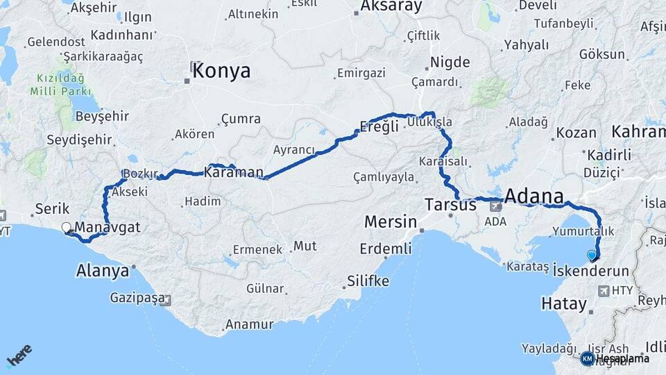 Hatay İskenderun Side Manavgat Antalya Arası Kaç Km - Yol Haritası