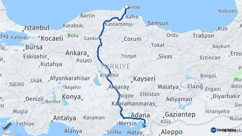 Hatay İskenderun Sinop Arası Kaç Km - Yol Haritası