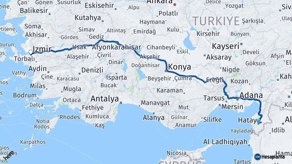 Hatay Karabağlar İzmir Arası Kaç Km - Yol Haritası