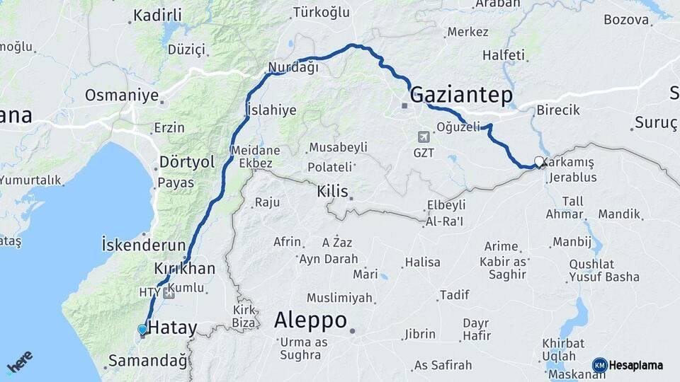 Hatay Karkamış Gaziantep Arası Kaç Km - Yol Haritası