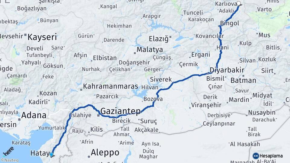 Hatay Karlıova Bingöl Arası Kaç Km - Yol Haritası