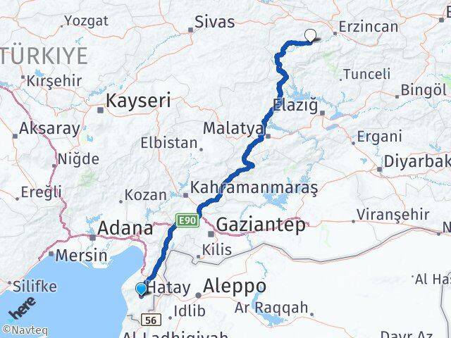 Hatay Kemah Erzincan Arası Kaç Km - Yol Haritası