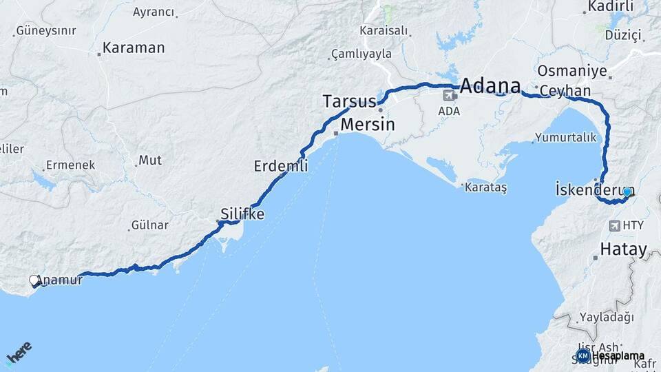 Hatay Kırıkhan Anamur Mersin Arası Kaç Km - Yol Haritası