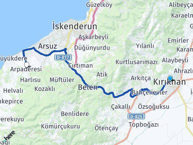 Hatay Kırıkhan Arpaderesi Arsuz Arası Kaç Km - Yol Haritası
