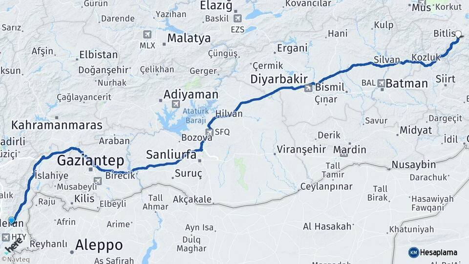 Hatay Kırıkhan Bitlis Arası Kaç Km - Yol Haritası
