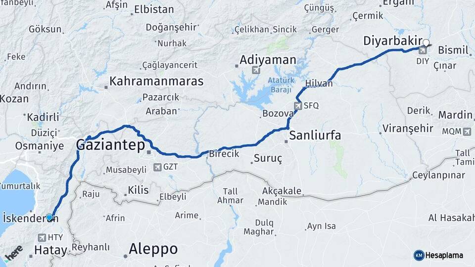Hatay Kırıkhan Diyarbakır Arası Kaç Km - Yol Haritası