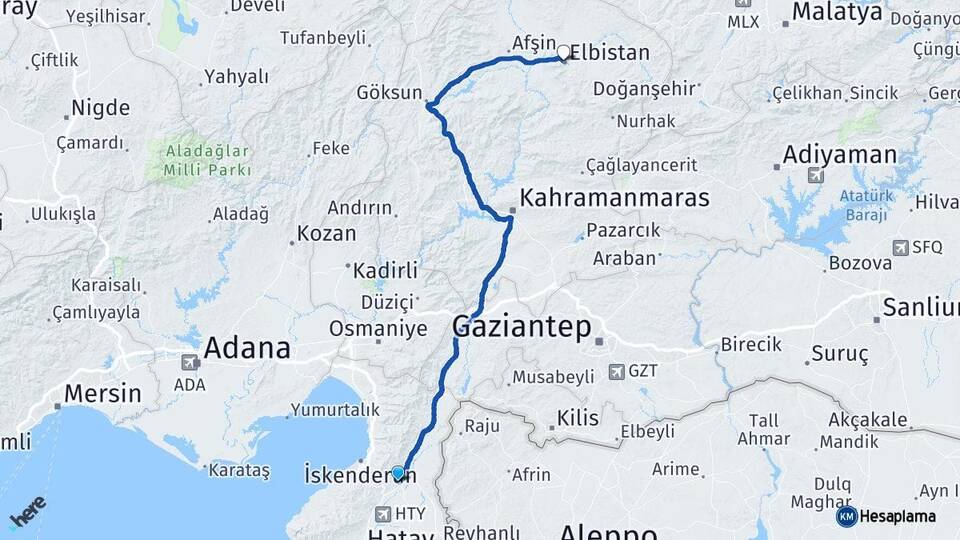 Hatay Kırıkhan Elbistan Kahramanmaraş Arası Kaç Km - Yol Haritası