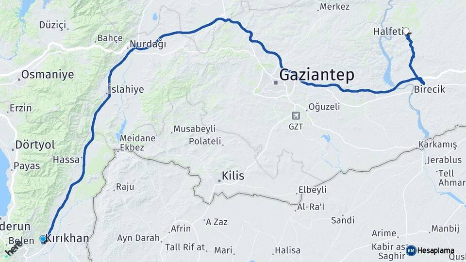 Hatay Kırıkhan Halfeti Şanlıurfa Arası Kaç Km - Yol Haritası