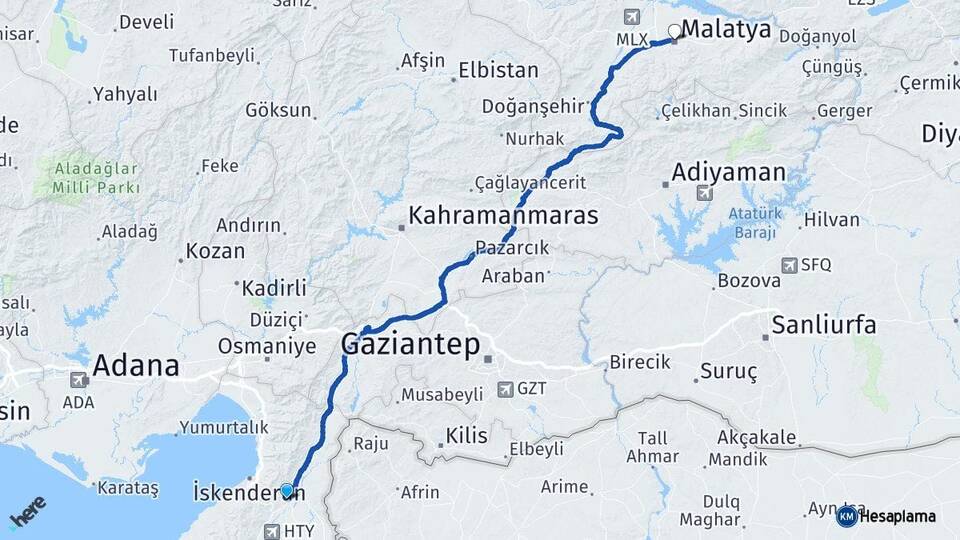 Hatay Kırıkhan Malatya Arası Kaç Km - Yol Haritası