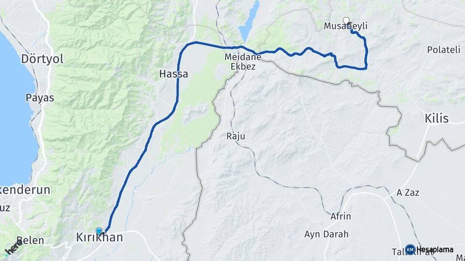 Hatay Kırıkhan Musabeyli Kilis Arası Kaç Km - Yol Haritası