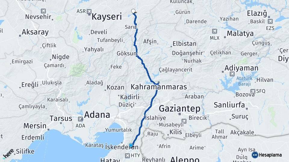 Hatay Kırıkhan Pınarbaşı Kayseri Arası Kaç Km - Yol Haritası