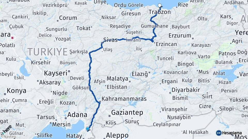 Hatay Kırıkhan Trabzon Arası Kaç Km - Yol Haritası