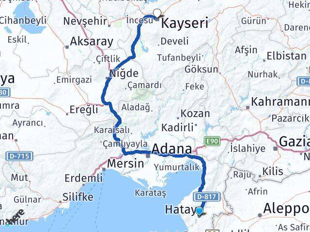 Hatay Kocasinan Kayseri Arası Kaç Km - Yol Haritası