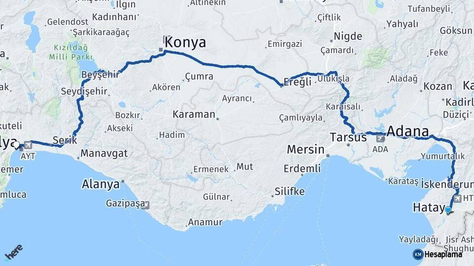 Hatay Konyaaltı Antalya Arası Kaç Km - Yol Haritası