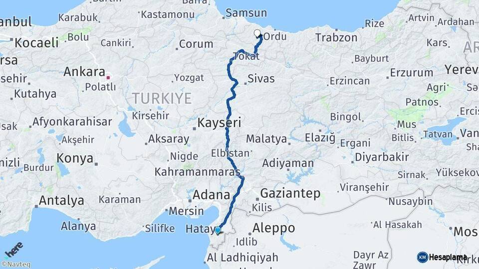 Hatay Korgan Ordu Arası Kaç Km - Yol Haritası