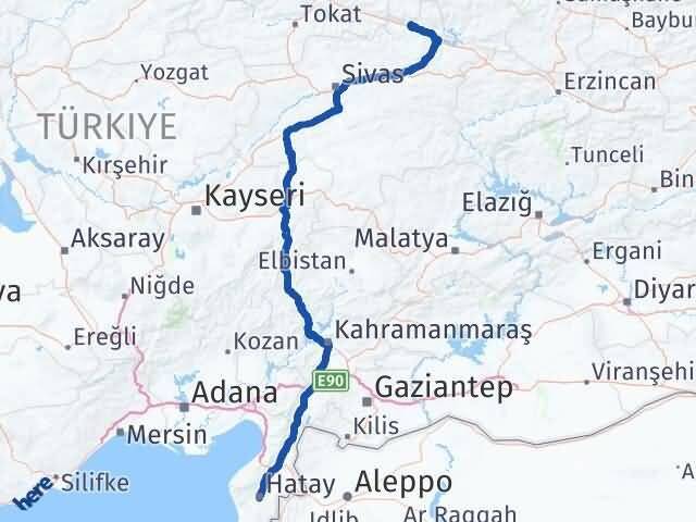 Hatay Koyulhisar Sivas Arası Kaç Km - Yol Haritası