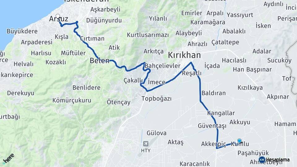 Hatay Kumlu Arsuz Arası Kaç Km - Yol Haritası