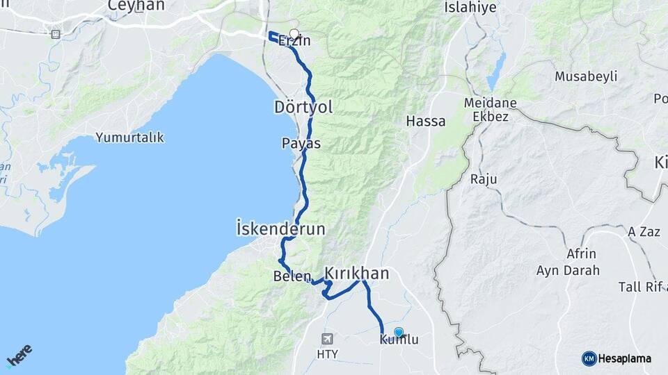 Hatay Kumlu Erzin Arası Kaç Km - Yol Haritası
