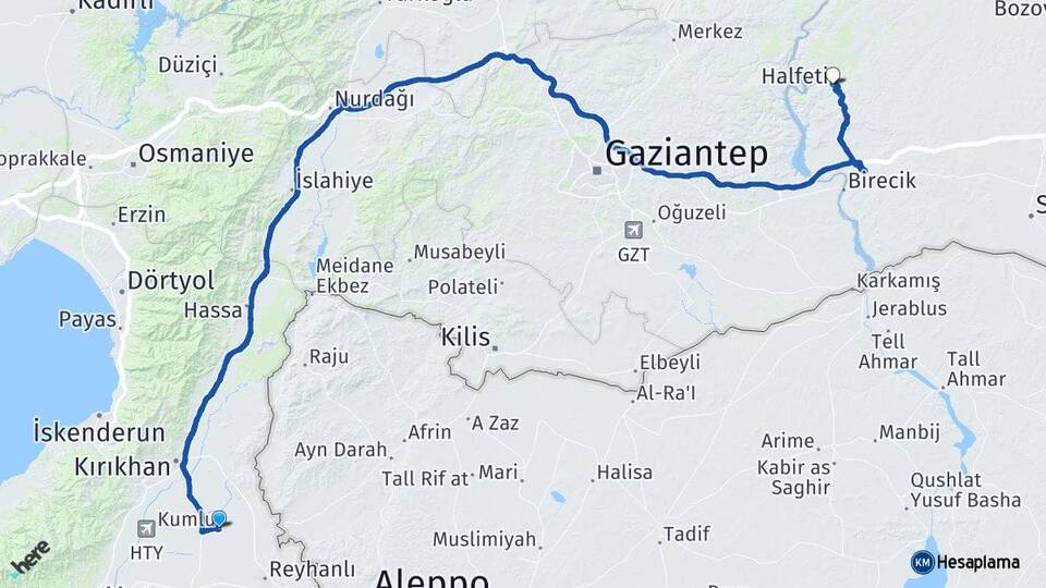 Hatay Kumlu Halfeti Şanlıurfa Arası Kaç Km - Yol Haritası