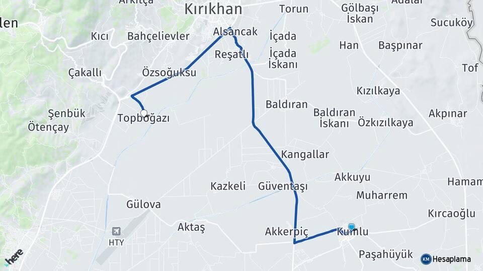 Hatay Kumlu Topboğazı Kırıkhan Arası Kaç Km - Yol Haritası