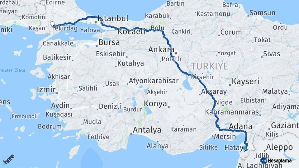 Hatay Malkara Tekirdağ Arası Kaç Km - Yol Haritası